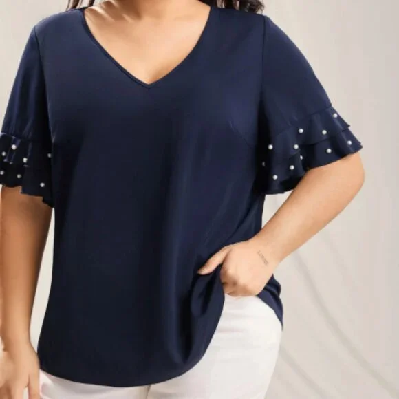 BloomChic Beaded Layered Sleeve Plain Blouse - Picture 1 of 7